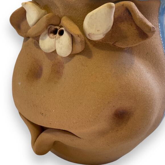 Unique Vintage Hand Thrown Sky Blue Tan Goofy Cow Oversize Coffee Mug Farmhouse - Picture 6 of 16